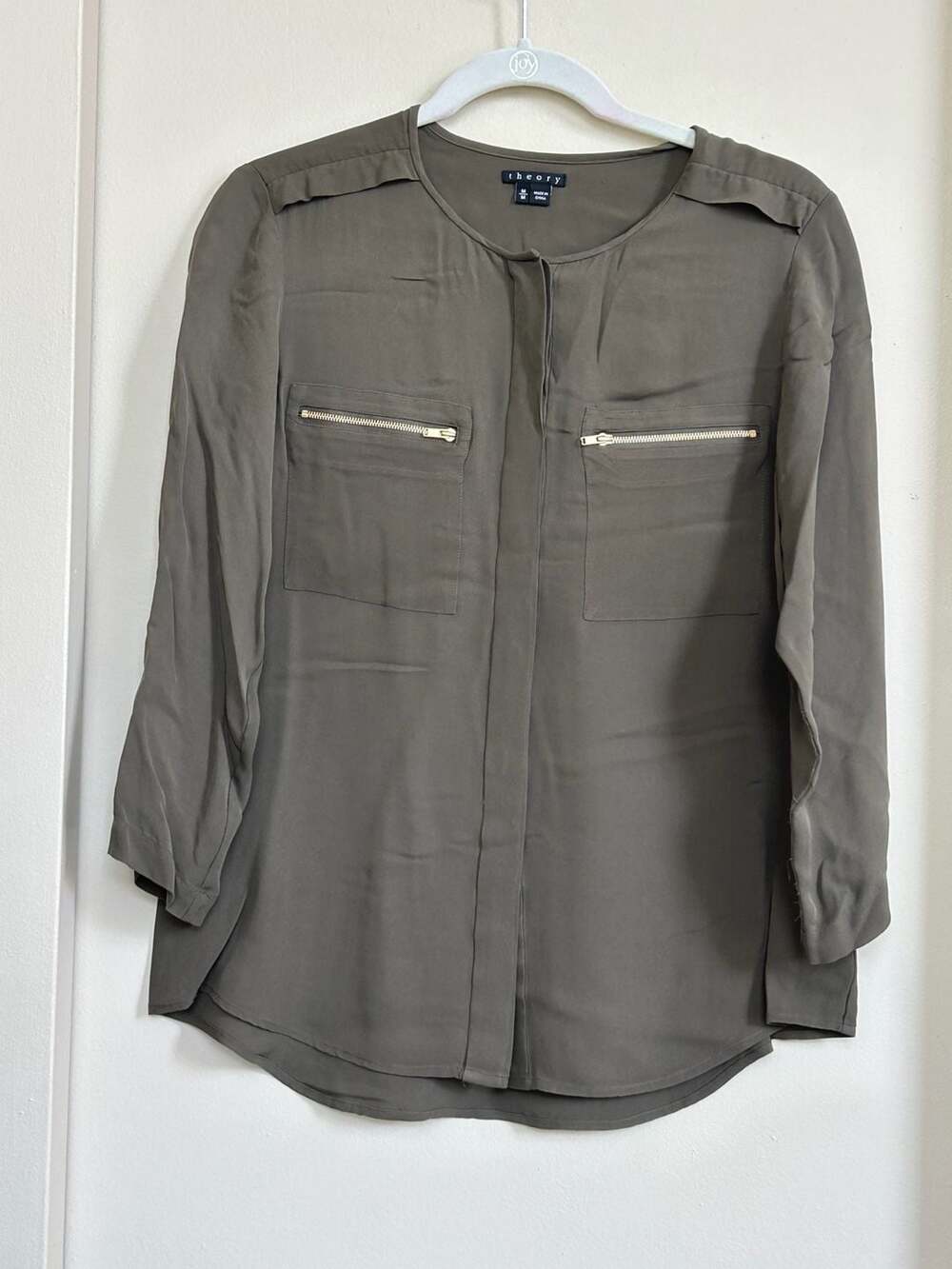 Theory Olive Green 100% Silk Zipper Pocket Long Sleeve Blouse Size M
